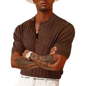 Men's Coffee Brown Knit Polo Short Sleeve Texture Henley Knitted T-Shirts Casual